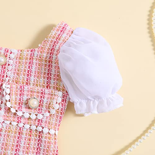 Toddler Baby Girls Tweed Plaid Dress Square Neck Puff Short Sleeve Fake Pockets Elegant Party Clothes4