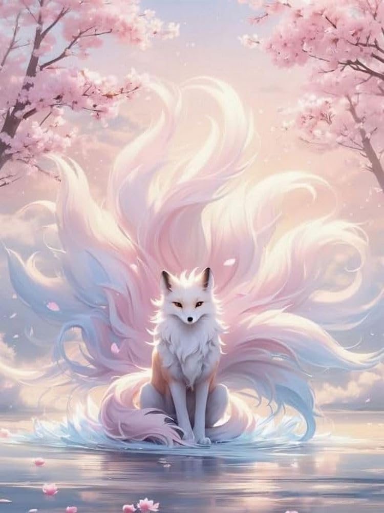Brennora 5D Diamond Painting Kits Full Drill Round Gem DIY Arts and Crafts Home Wall Decor Gift Nine-Tailed Fox 40x50cm