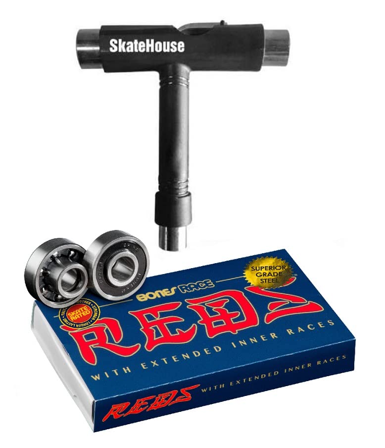 Bones Race Reds Skateboard Bearings (8MM) Bundled with SkateHouse Skate Tool