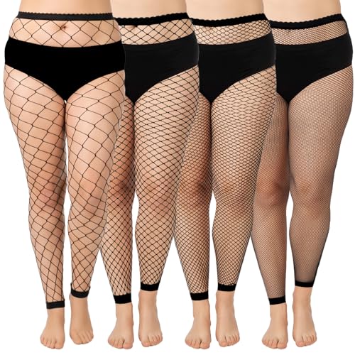 Larrel 4 Paar Damen Netzstrümpfe, Schwarz Netz Wadenstrümpfe Halterlose in Übergröße Nylon Hohle Damensocken Netz Hohe Taille, Dehnbar...