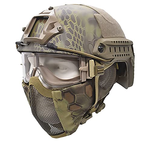 JFFCESTORE MH Updated Version Fast Tactical Helmet Combined with Foldable Half Face Mesh Mask and Goggles for Paintball CS Game Set MA