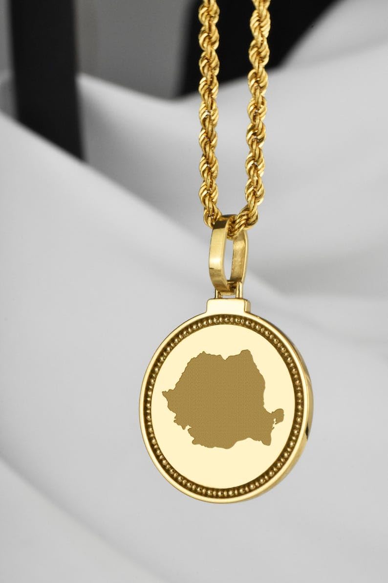 Collana con ciondolo rotondo da 25 mm in argento sterling 925 con medaglione inciso raffigurante la mappa della Romania, gioiello placcato oro con città e paese, |WWN_MAP_01194