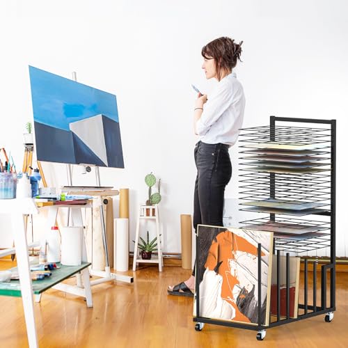 Image of jxgzyy Art Storage Rack 2 in 1 Metal Canvas Storage Racks with Wheels Art Drying Rack with 20 Removable Shelves 1 inch Apart Painting Display Stand for Canvas Drawing Board Artworks Drying