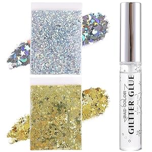2 Packs Silver Gold Body Glitters + Glue Kit, Holographic Chunky Sequins for Face, Hair, Eye Makeup, Nail Art, Loose Glitter for Music Festival Carnival Concert Party Rave Accessories