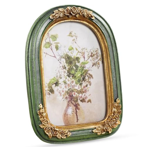 Vintage 4x6 Picture Frame, Green and Gold Arch Frames, Ornate Floral Resin Photo Frame with Glass Front for Tabletop or Wall Display, Antique Decorative Frame for Home Decor or Gift