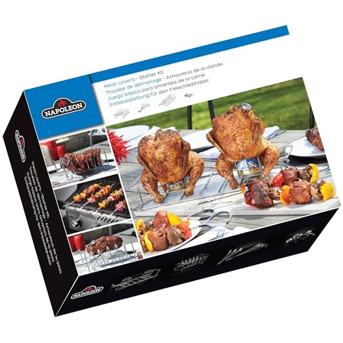 Napoleon BBQ Grill Accessory - Meat Lover's - Starter Kit - 90001 - Stainless Steel Rib Rack, Stainless Steel Double Beer Can Chicken Roaster, 6-Stainless Steel Skewers, 4-Button BBQ Thermometers