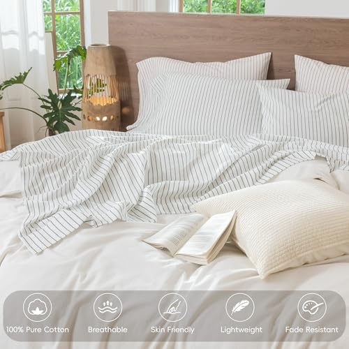 Image of MooMee Striped Sheet Set 100% Washed Cotton Linen Like Queen