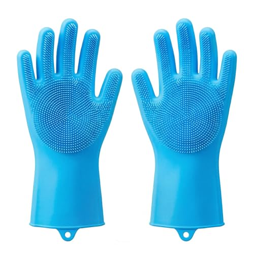 Image of Kitchen Dishwashing Gloves for Washing Dishes - Reusable Rubber /Silicone Cleaning Gloves for Kitchen, Bathroom & Car Cleaning - Waterproof Household Hand Gloves for Women, Home Essentials (Blue)