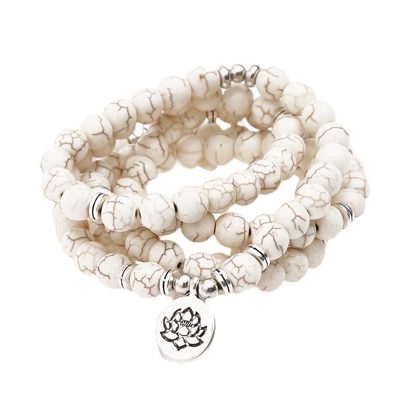 ZENRUIMING 1Pcs Buddha Yoga Buddha Beads Handmade Beaded, 108 White Turquoise Rosary 8mm (0.3") Buddha Yoga Buddha Beads Lotus Pendant, Prayer and Meditation Rosary, White Turquoise, No Gemstone