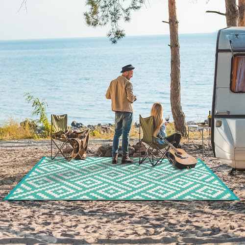 Image of GENIMO Outdoor Rug, Waterproof Plastic Rugs for Patio, 6'x9' Lakegreen | Outside Larger Modern Carpet Mat for Porch Decor, Deck, Balcony, Camping, RV, Backyard, Picnic, Beach, Reversible, Foldable