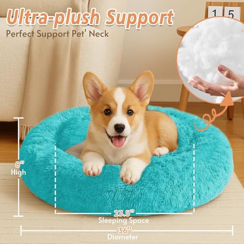 Image of JOLLYVOGUE Calming Dog Beds Large Sized Dog, 36in Donut Washable Large Pet Bed, Anti-Slip & Anti-Anxiety Fluffy Faux Fur Round Dogs Bed, Fits up to 80 lbs Pets (Aqua Blue)