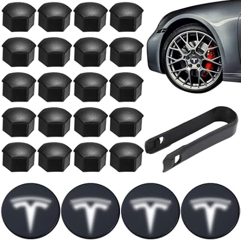 Wheel Center Cap Hub Kit with Emblem for Tesla Model Y/Model 3,Hubcaps Wheel Rim Cover Accessories 4 Hub Center Caps + 20 Black Lug Nut Covers and Puller for Uninstalling (Silver) Cover