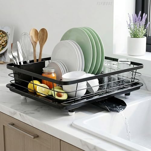 Image of flymore Dish Drying Rack with Cutlery Holder | Heavy Stainless Steel Kitchen Drying Rack with Drain Tray & Cutlery Holder | Countertop Utensils Stand - Sink Organization & Home Decor