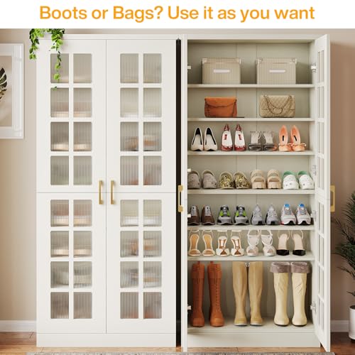 Tribesigns 71-Inch Tall Shoe Cabinet with Doors, 8-Tier Shoe Storage with Adjustable Shelves, Modern Shoe Organizer Shoe Rack Cabinet for Entryway, Hallway, Closet, Living Room, White and Gold