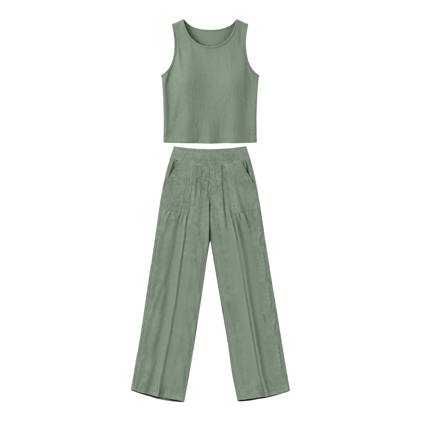 Generico Completo Estivo Donna Lino Senza Maniche Completo Donna Elegante Cerimonia Completi Elegante Set Due Pezzi Estivo Lungo Morbido Tute Eleganti a Gamba Larga Tinta Unita Tuta Cerimonia
