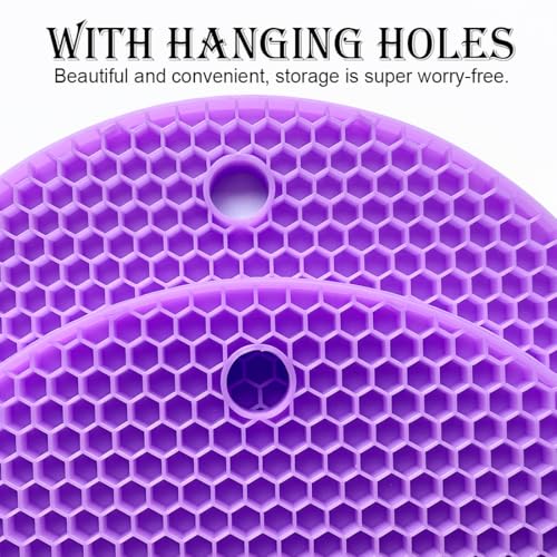 Extra Thick Non-Slip Silicone Trivets 18cm, Set of 2 Round (Purple) - Heat Resistant Mats with Hanging Hole for Hot Pans, Worktops & Kitchen, Multi-Purpose Anti-Slip Pad - Image 5