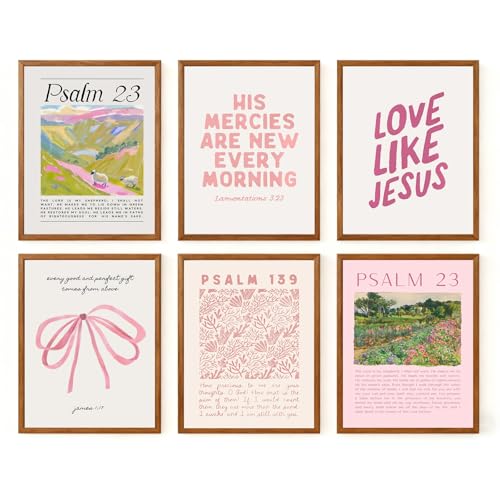 Pink Christian Canvas Wall Art set of 6 Bible Verse Bow Pictures Wall Decor Trendy Preppy Posters Prints Scripture Religious Jesus Painting Artwork for Girls Room Christian Housewarming Gift