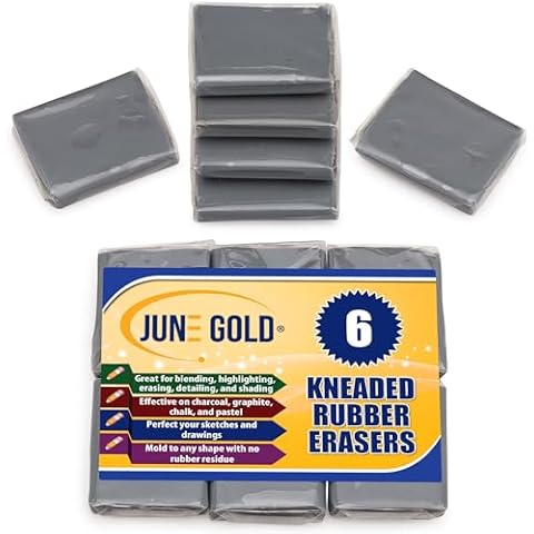 June Gold Kneaded Rubber Erasers, Gray, 6 Pack - Blend, Shade, Smooth, Correct, and Brighten Your Sketches and Drawings Cover