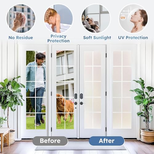 Image of CREON Frosted Window Privacy Film Heat Control UV Blocking (24 X 120 Inch) Non-Adhesive Reusable Door coverings for Bathroom Home Office