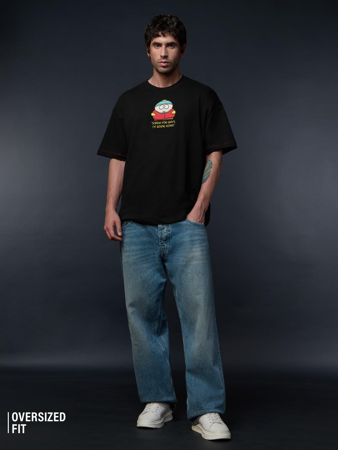 The Souled Store South Park: Eric Cartman Men and Boys Short Sleeves Round Neck Black Embroidered Casual Lightweight Drop Shoulder Streetwear Oversized T-Shirt 1