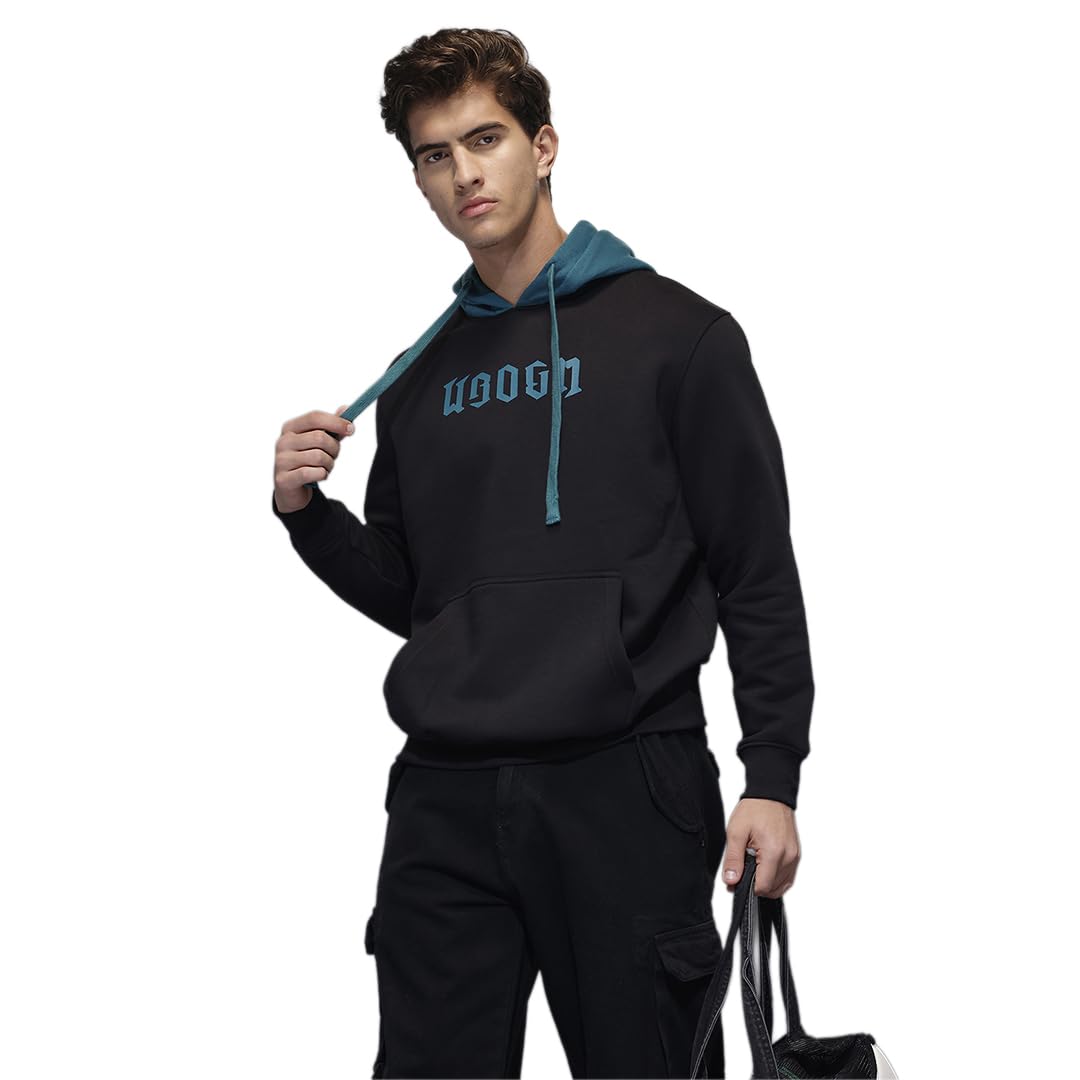 WROGN Men's Cotton Blend Fleece Hoodie | Chest Graphic Print with Contrast Hood | Comfort Fit in multi
