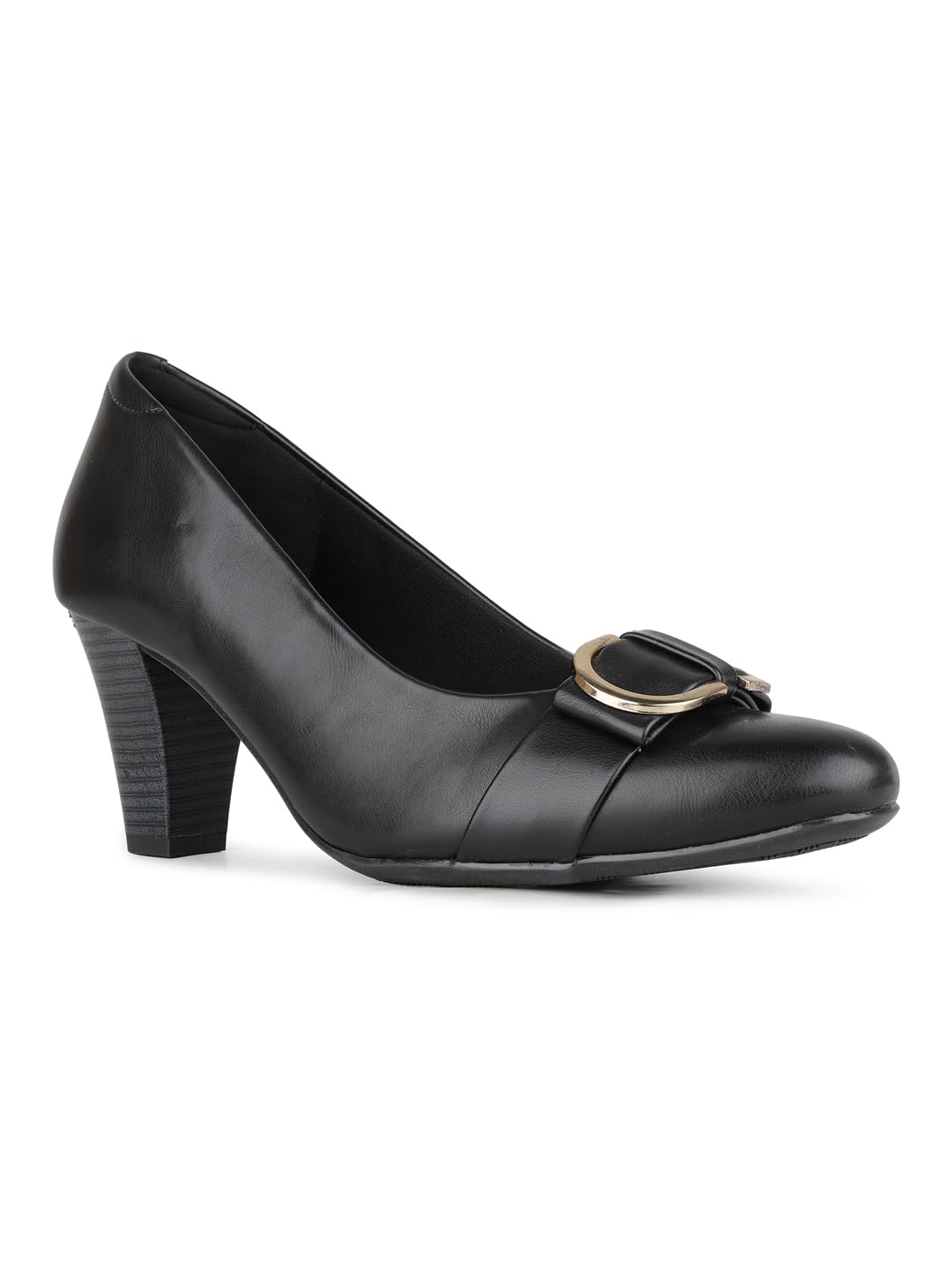 Women Black Work Solid Round Toe Block Heel Pumps-image-38