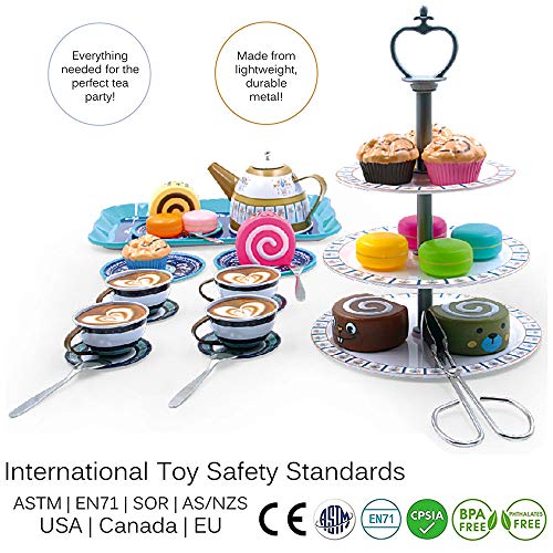 image for Liberty Imports Deluxe Afternoon Tin Tea Set with Cake Stand and Desse