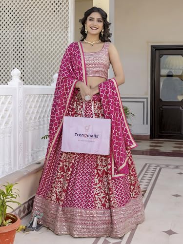 Image of TRENDMALLS Art Silk Embroidery Sequence Work Lehenga Choli Unstitch Blouse With Dupatta For Women (New-Bridal-Latest-Wedding-Sequence-Lehenga-Designer)