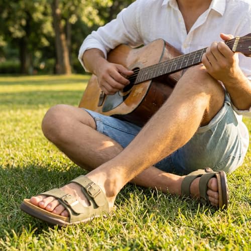 Image of CUSHIONAIRE Mars Double Buckle Slide Sandals for Men with Arch Support, Cork Footbed and EVA Outsole