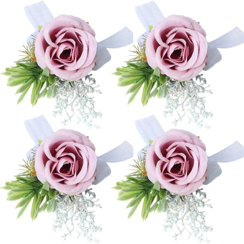 Pink Rose Wrist Corsage and Boutonniere Set Wedding Bridal Wrist Flower Corsages with Pearl Wristlet Band Bracelet Pin for Bride