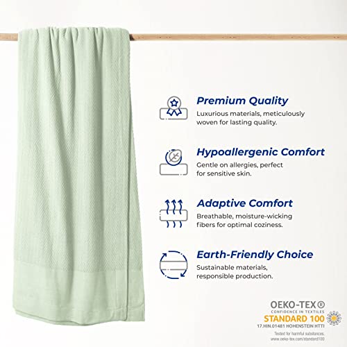 Thread Spread Organic Gots Cotton Blanket, Full/Queen - 350 Gsm, Antistatic, Fuzzy Soft, Lightweight, Sofa, Camping & Travel, Perfect Herringbone All Seasons Throw, Sage Green + Stylish Bonus Tote Bag #TOP1