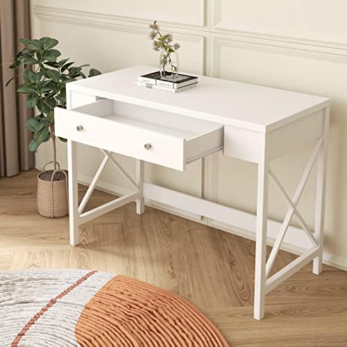 39″ Small Writing Desk with Drawers, Modern Farmhouse Home Office Computer Desk for Small Place, Study Table for Bedroom, Living Room, White Desk