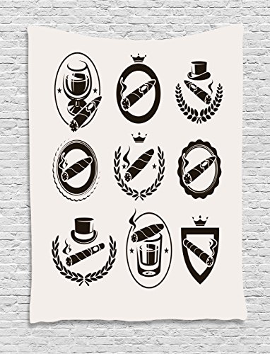 Lunarable Havana Tapestry, Assorted Illustration of Cuban Cigars and Whiskey and Wine Glasses, Wall Hanging for Bedroom Living Room Dorm Decor, 60" X 80", Dark Brown and Eggshell