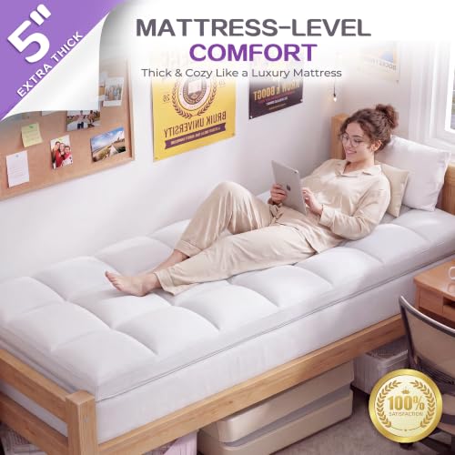 Image of SINWEEK Dual Layer 5 Inch Memory Foam Mattress Topper Twin XL Size for Dorm Room, 2 Inch Gel Memory Foam Plus 3 Inch 1450 GSM Pillow Top Mattress Pad Cover, College Dorm Essentials, White