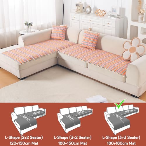 Image of HOKIPO L Shape (3+3 Seater) Sofa Cover Seat Mat | 300 GSM Cotton Acrylic Jacquard Fabric with Tassel, 'Trivana Series' Coral Orange (IN-936-J2*2)