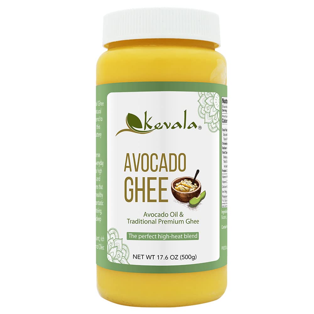 Kevala Avocado Ghee - Blend of Cold-Pressed Avocado Oil and Ghee, Made with Grass Fed Cows’ Milk, Casein-Free and Lactose-Free Substitute to Regular Butter, Great for Keto and Low-Carb Diets, 17.6 oz