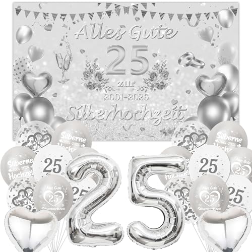 Silberhochzeit Deko Luftballons Banner Set - 25 Hochzeitstag Dekoration Hintergrund und Silber Ballons Riesen Zahlenballon für 25. Hochzeit Jahrestag Party