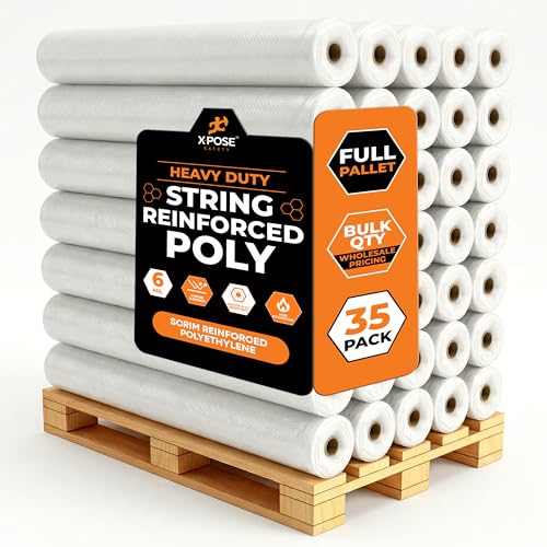 Image of Xpose Safety 6 Mil White String Reinforced Poly Sheeting - Bulk Full Pallet 35 Packs - 20' x 100' Fire Retardant Roll - UV Resistant, Waterproof - Perfect for Construction, Painting, Cleanup