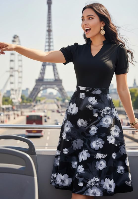 Womens Short Puff Sleeve V Neck Casual Semi-Formal Cocktail Party A-Line Dress - Image 5