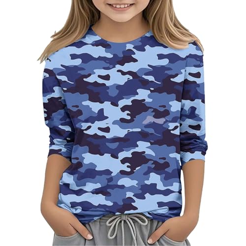 Girls 3/4 Sleeve Camo Shirts Camouflage Graphic T-Shirts Fall Cotton Tshirts Basic Tees Tops 3-12 Years