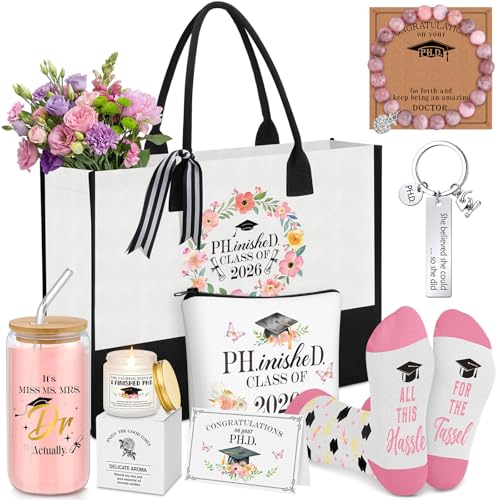 Aliceset 8 Pcs Phd Graduation Gifts for Women Its Dr Actually Gifts for Phd Doctorate Degree Class of 2026 Canvas Tote Bag Tumbler Keychain Makeup Bag Bracelet Greeting Card Scented Candle Socks
