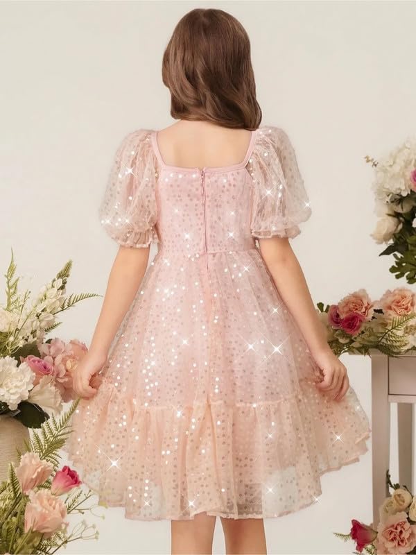 Image of Niren Enterprise Peach Printed Knee Length Short Sleeves Square Neck Stylish Girls Party Dress