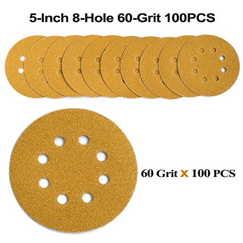 Aiyard 5-Inch 8-Hole Hook And Loop Sanding Discs 60-Grit Random Orbit Sandpaper, 100-Pack #TOP2