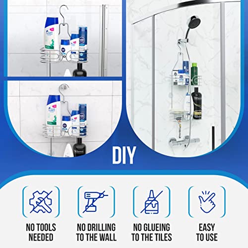 Skatco Hanging Shower Caddy - 2-Tier Rust-Resistant Stainless Steel Shelves Chrome Rack Over Shower Head Organizer Bathroom Basket Storage Holds Shampoo, Conditioner, Soap, Bath Sponge, Razors #TOP6