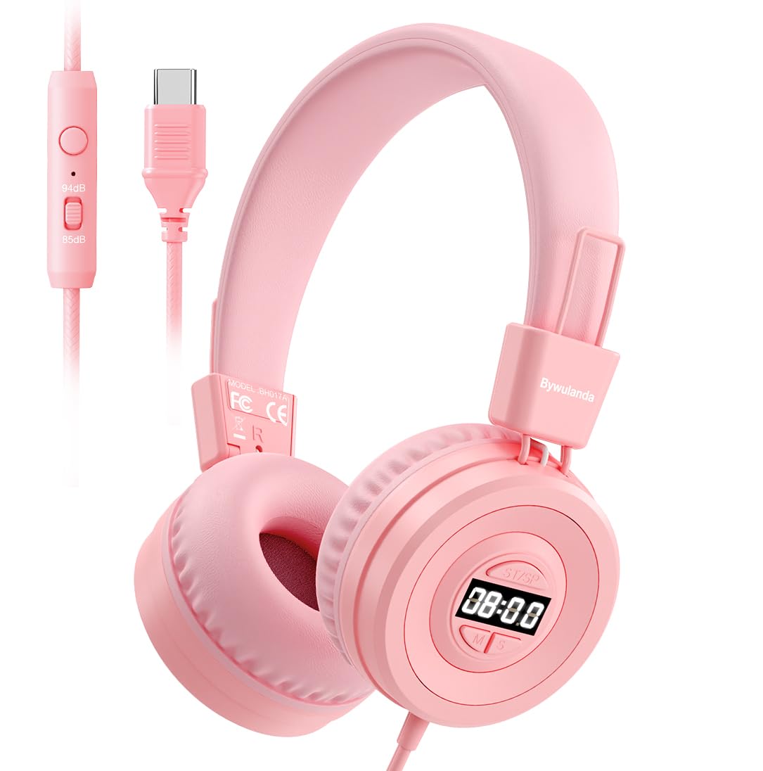 Bywulanda Upgrade USB Type C Kids Headphone for School -Pink-image-4