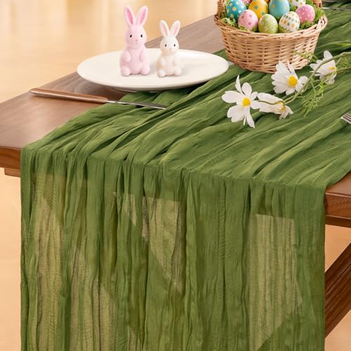 Image of Socomi Campsite Green Easter Spring Cheesecloth Table Runner Boho Rustic Gauze 120 inch 10FT Cheese Cloth Runner for Wedding Party Baby Shower Birthday Home Decor Holiday Decorations