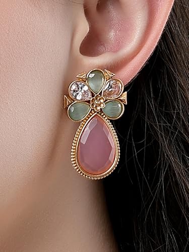 Image of Karatcart Silver Tone Diamond Shape Pink and Blue Carved Stone Studded Drop Earrings for Women