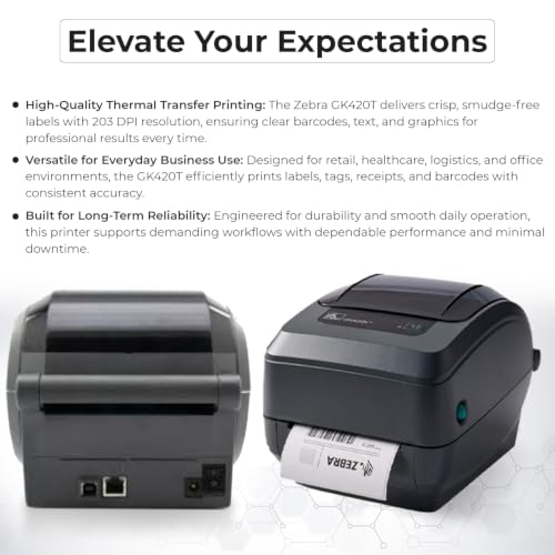 Image of Zebra GK420T Thermal Transfer Desktop Printer for Labels, Receipts, Barcodes, Tags - 1 Year Warranty with Power Cable + 24V AC Adapter + 4x6 Roll + USB 2.0 Cable + Microfiber Cloth (Renewed)
