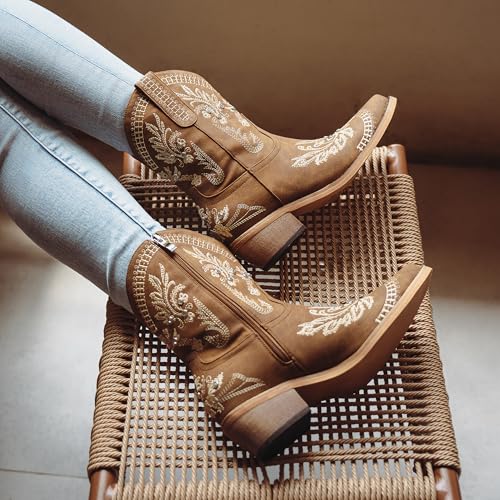 Image of Cusolemore Cowboy Boots for Women, Cowgirl Boots with Sparkly Embroidered Rhinestones, Short Western Ankle Boots for Women with Side Zipper Pull On