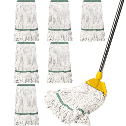 Image of Eccliy 6 Pack Commercial Mop Heads Replacement Heavy Duty 18 oz Loop End Cotton String Wet Mop Refills Washable Absorbent Reusable for Industrial Home Tile Wood Concrete Floor (White,Green)